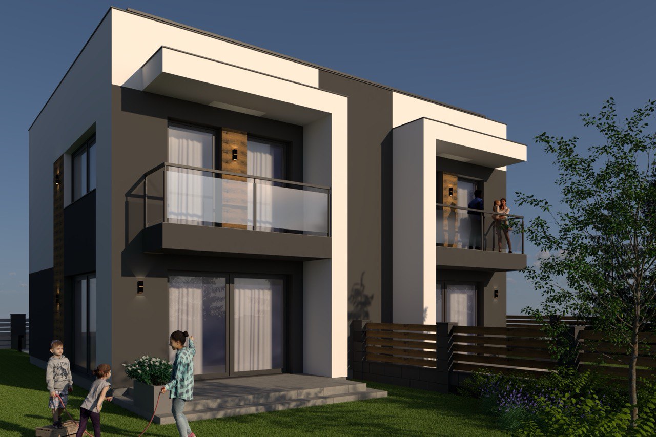 Przód budynku z miejscami parkingowymi